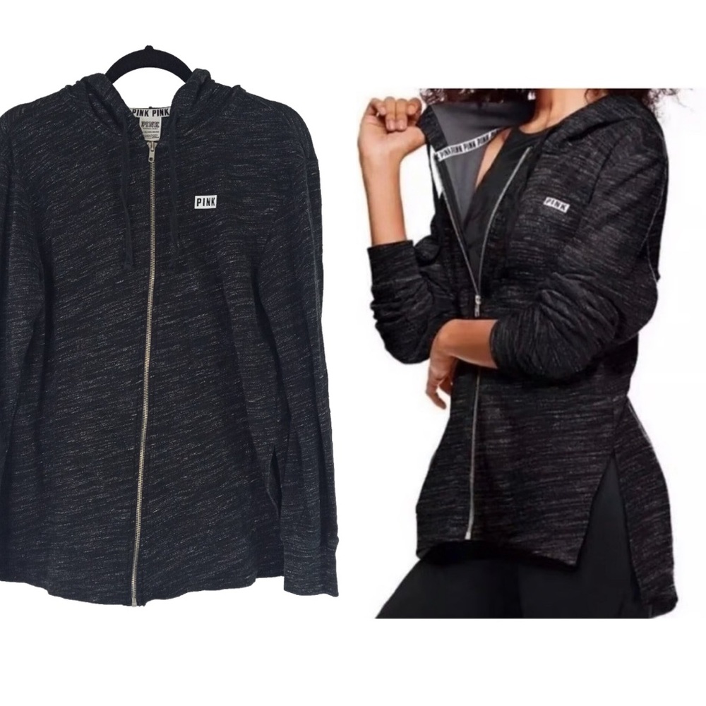 🚂Victoria's Secret PINK  black Zip-Up Hoodie side split size S GUC..
